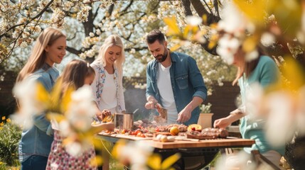 A man, wearing a hat, cooks food on a grill, surrounded by a group of people, sharing a leisurely cooking event under a tree with grassy surroundings. AIG41