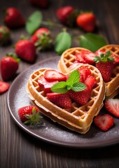 Wall Mural - Delicious heart-shaped waffles with fresh strawberries