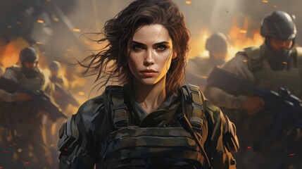 Wall Mural - Fierce female soldier in combat gear with wind-swept hair