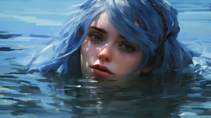 Poster - Mysterious woman with blue hair in the water