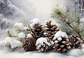 Canvas Print - Snowy pine cones and branches in winter landscape