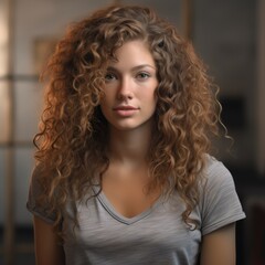 Poster - Curly-haired woman with thoughtful expression