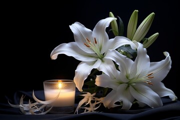 Poster - Elegant white lilies with a glowing candle