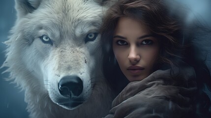 Sticker - mysterious woman with white wolf