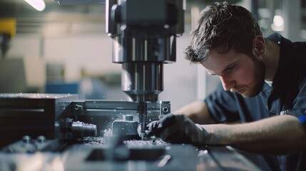 Wall Mural - machinist operating cnc milling machine in manufacturing plant