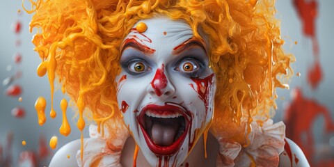 Fototapeta scary clown with orange curly hair and bloody face