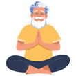 Old man doing yoga Lotus easy pose Sukhasana. Fitness concept. Flat vector illustration on white