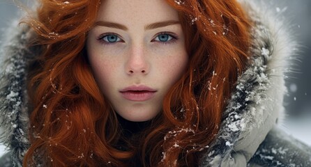 Poster - Redheaded woman in winter coat with snow