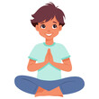 Kid boy doing yoga Lotus easy pose Sukhasana. Fitness concept. Flat vector illustration on white