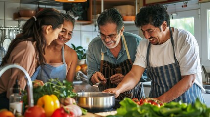 Content Hispanic family sharing laughter and stories while cooking