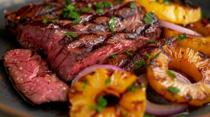 Barbecue dry aged wagyu flank steak with pineapples and onion rings as closeup on a plate