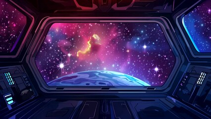 Wall Mural - Animated background of space view from spaceship window. looping time-lapse video