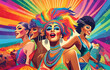 Vibrant illustrations of drag queens and kings performing in Pride events