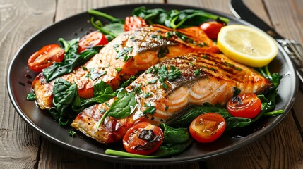 Sticker - Fried salmon steak with spinach, lemon and cherry tomatoes served on black plate on wooden table