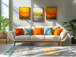 Sofa with colorful pillows, small abstract paintings on the wall.