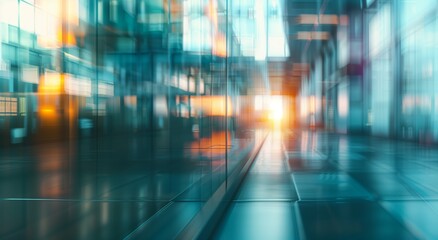 Wall Mural - large blurred glass wall of modern building business office in city with blue light and yellow sun r