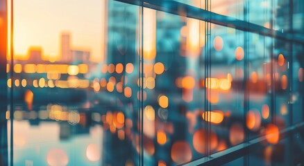 Large blurred glass wall of modern building business office in city with blue light and yellow sun ray highlights background. Generative AI