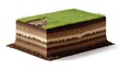 A cross-section of soil layers showing grass on top, followed by layers of soil, rocks, and dirt