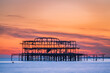 Ruins of West Pier of Brighton at sunset. Sussex. England