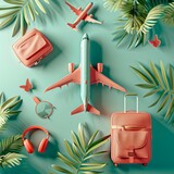 Fototapeta Paryż - Travel Vacation Concept with Airplane, Suitcases, and Blue Background