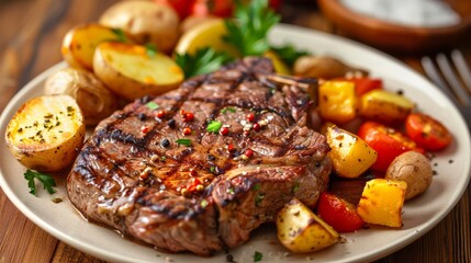 Wall Mural - Grilled steak with baked potatoes and vegetables 