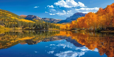 Wall Mural - Tranquil Alpine Haven: A Serene Lake Cradled by Majestic Mountains and an Open Blue Sky.