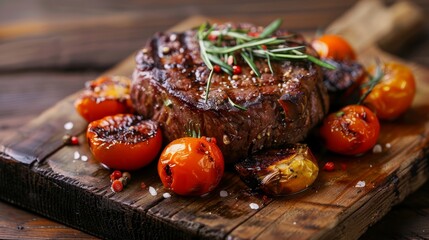 Wall Mural - Succulent thick juicy portions of grilled fillet steak served with tomatoes and roast vegetables on an old wooden board 