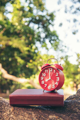 Alarm clock Red vintage retro time on book and tree green nature bokeh nature deadline concept.