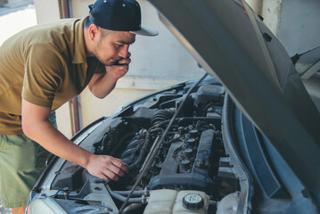 Men fix car call for help use phone calling insurance agent help fixing car problem breakdown. Man calling mechanic car service technician support fix repair driving. Vehicle emergency problem