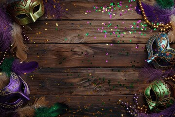 Lavish Mardi Gras masks with feathers and beads on rustic wooden backdrop, evoking festive carnival spirit