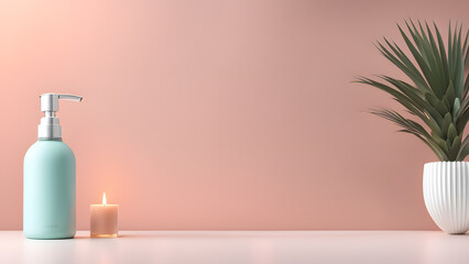 Wall Mural - A green bottle of lotion sits on a table next to a candle