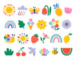 Vector set of cute naive hand drawn summer design elements in bright rainbow colors for children's design