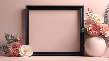 Wall Mural - A black frame with a white background sits on a table next to a vase of flowers