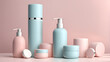 A row of blue and pink bottles of lotion and cream sit on a table