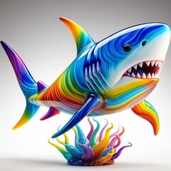 Wall Mural - A stunning blown glass sculpture of a playful, cute Shark with seamlessly blended rainbow colors, white background