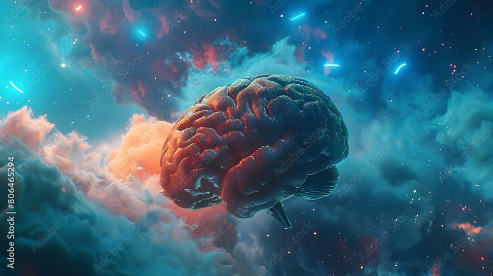 a human brain on a vibrant cosmic background, with nebulous clouds in ...
