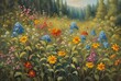 Wildflowers oil painting, nature illustration with summer meadow and forest