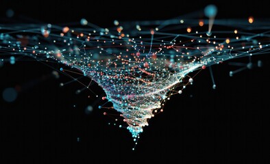 Aufkleber - A group of node edge relationships shaped like a funnel. completely black background Nodes are connected by a network of thin lines. Bright colors in neon shades