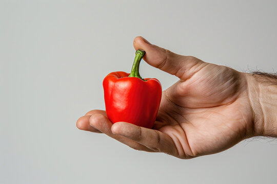 A hand holding red paprika isolated on gray, food and health concept
