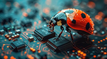 A visual representation of a ladybug on computer circuits symbolizes the concept of computer bugs and the necessity for troubleshooting and debugging.