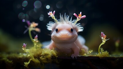 Wall Mural - Amusing axolotl sporting a tiny hat, the aquatic salamander