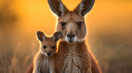 Wall Mural - Curious kangaroo with a joey in its pouch, a heartwarming yet comical moment in Australian wildlife