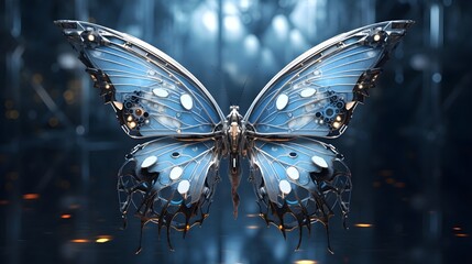Wall Mural - Cybernetic butterfly with intricate artificial wings, fluttering in mid-air,