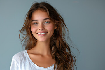 Wall Mural - Smiling woman with long brown hair against light blue blank background, portrait with blank canvas