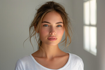 Wall Mural - Beautiful young woman with blue eyes poses against white wall with window shadow