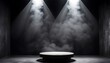© Five Million Stocks - Podium black dark smoke background product platform abstract stage texture fog spotlight. Dark black floor podium dramatic empty night room table concrete wall scene place display studio smoky dust