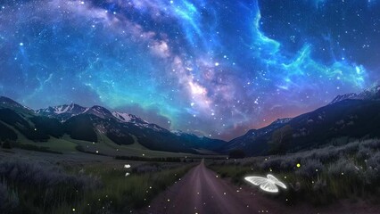 Wall Mural - beautiful night sky. milky way glowing above a road leading to distance. seamless looping overlay 4k
