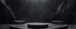 © Five Million Stocks - Podium black dark smoke background product platform abstract stage texture fog spotlight. Dark black floor podium dramatic empty night room table concrete wall scene place display studio smoky dust