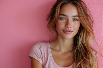 Poster - Young woman posing for portrait against pink blank background, portrait with copy space