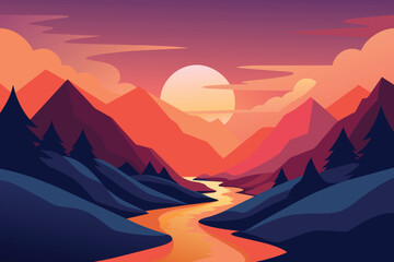 Wall Mural - Tranquil mountain river at sunset vector design